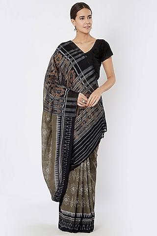 grey & black sambalpuri pala ikat printed saree