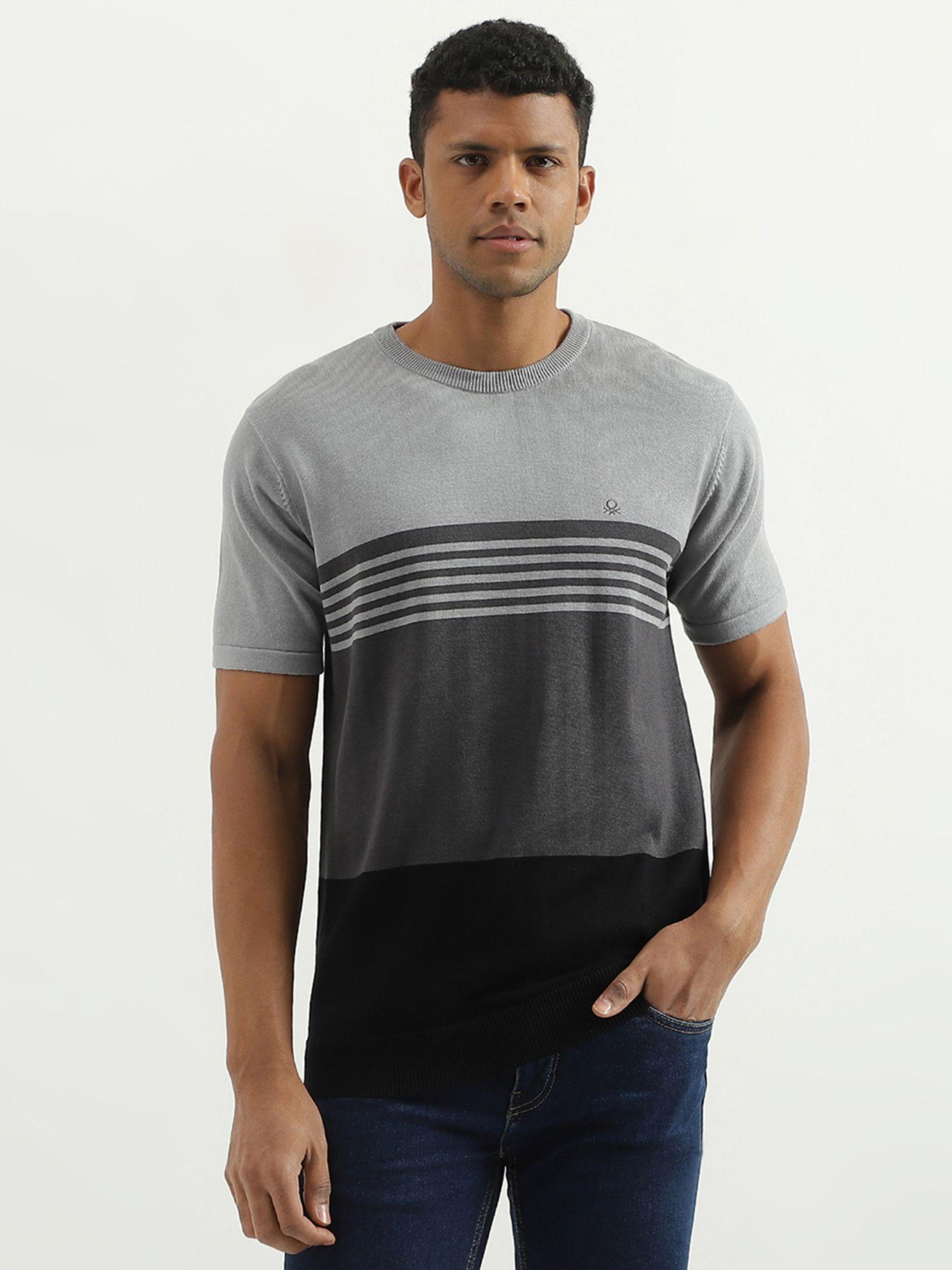 grey & charcoal regular fit round neck striped t-shirt