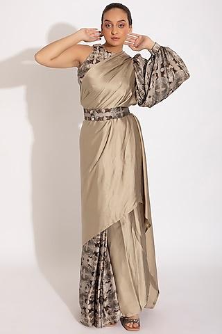 grey & cream digital printed pre-stitched saree set