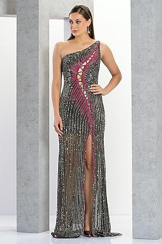 grey & fuchsia pink net sequins embroidered one-shoulder gown