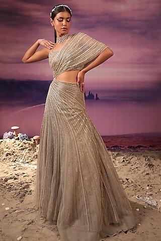 grey & gold net sequins embroidered gown with bustier