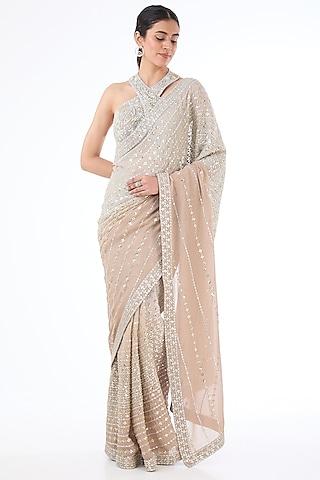 grey & gold shaded georgette hand embroidered saree set