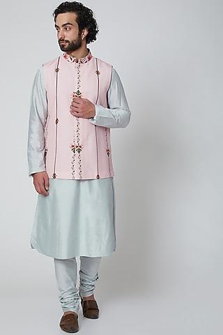 grey & light pink printed kurta set with jacket