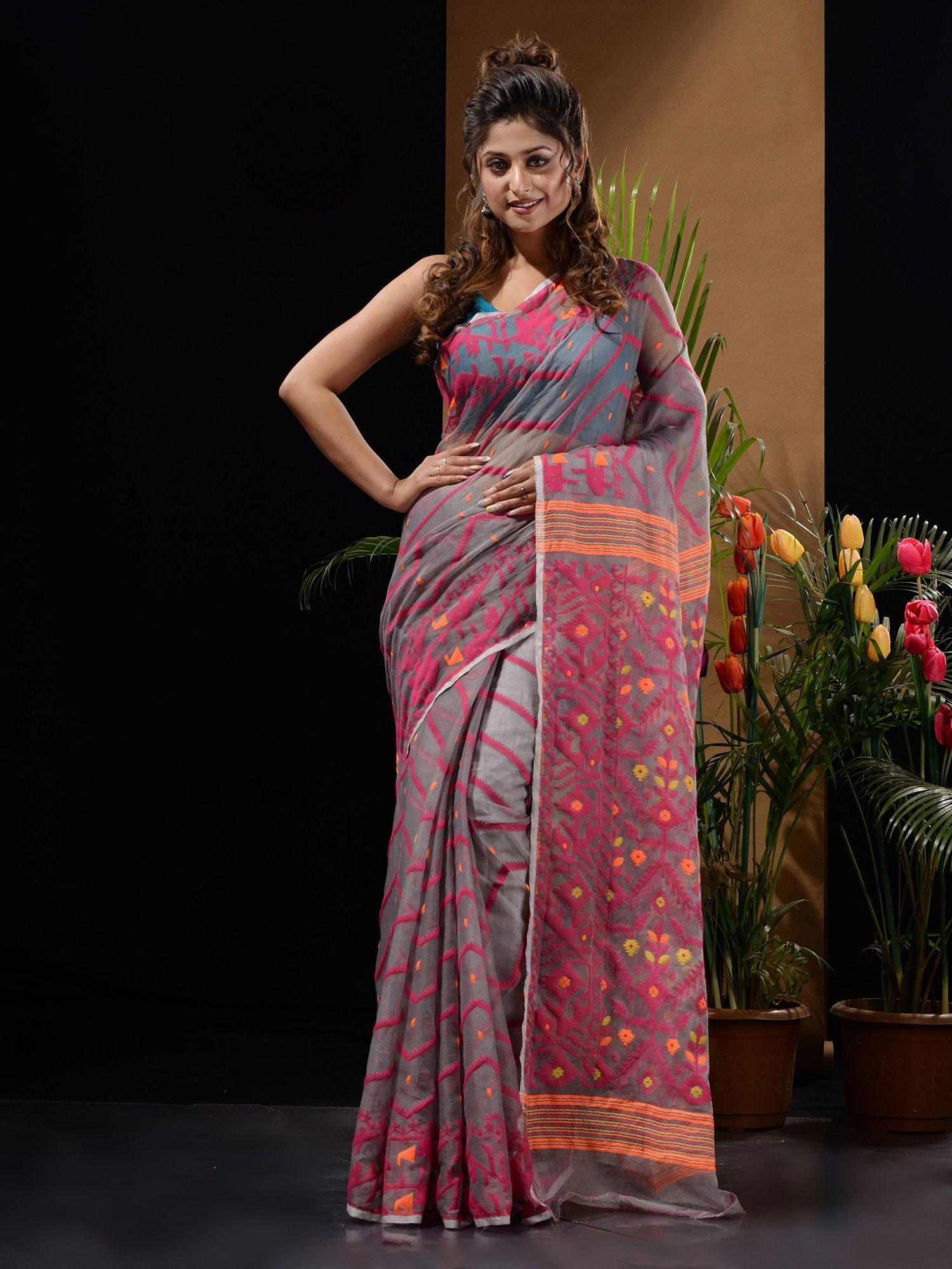 grey & magenta handwoven saree with chevron & ethnic designs