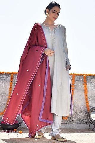 grey & maroon dabka embroidered kurta set
