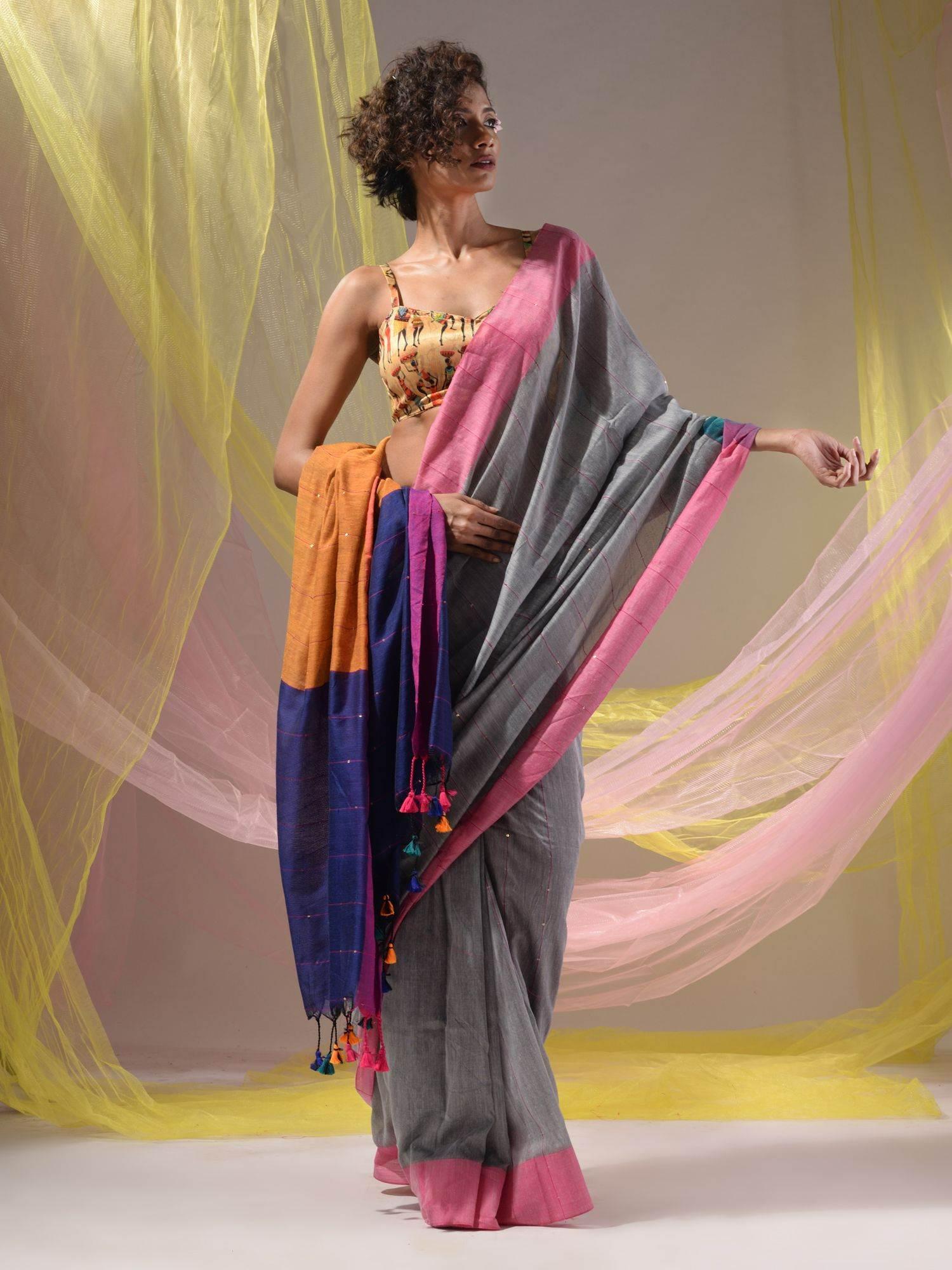 grey & multi-color cotton colorblock handloom soft saree with unstitched blouse