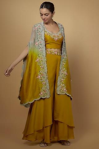 grey & mustard viscose organza embroidered cape set