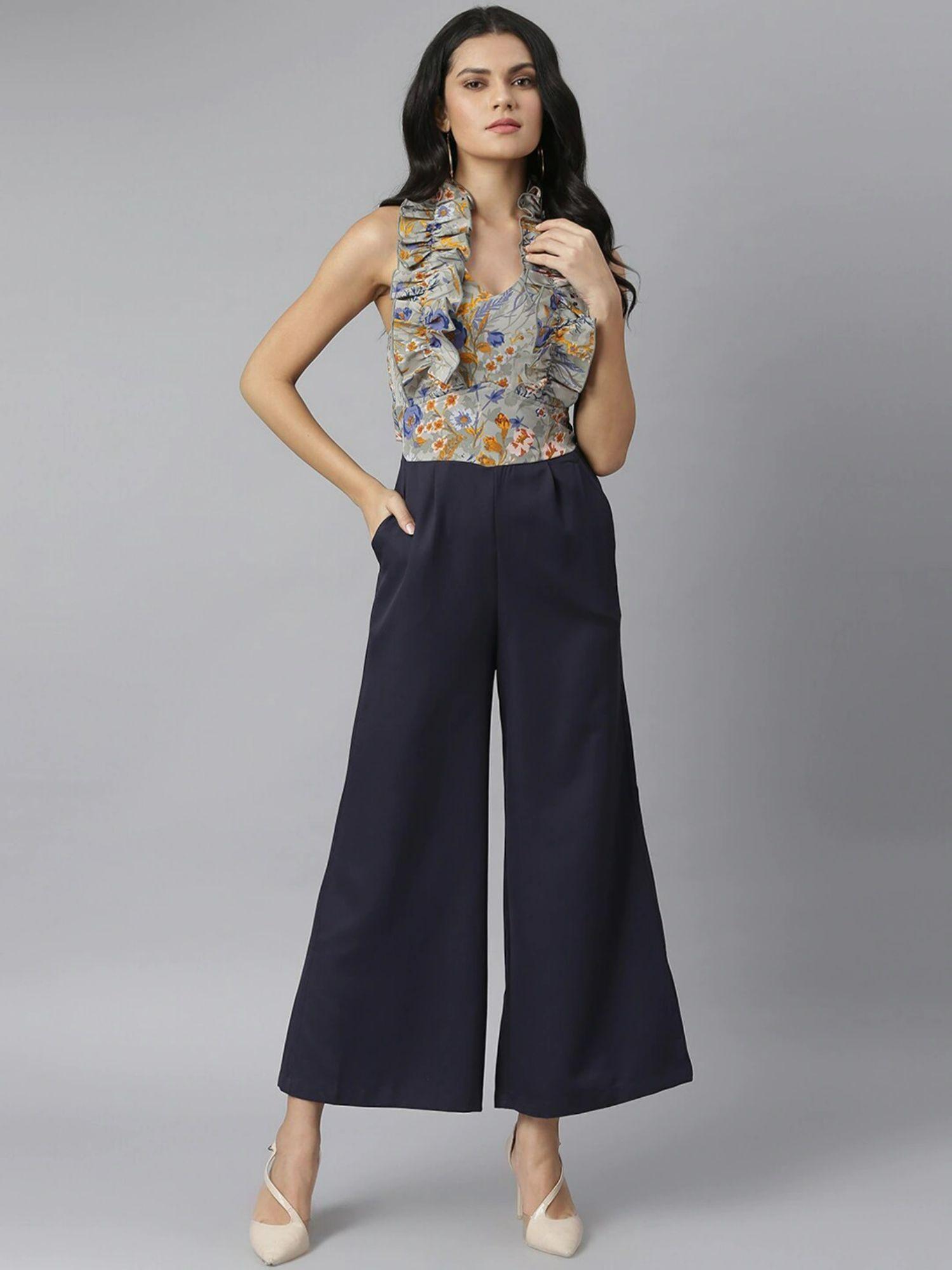 grey & navy blue floral printed culotte jumpsuit with ruffles