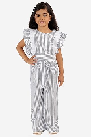 grey & off-white striped palazzo pant set for girls