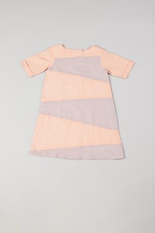 grey & peach color blocked dress for girls