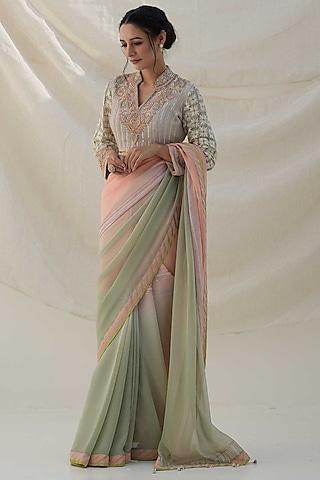 grey & peach shaded georgette embroidered saree set