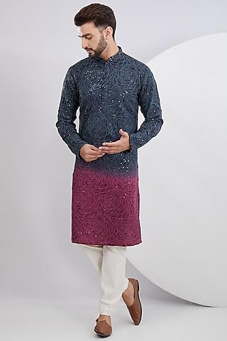 grey & pink silk embroidered ombre kurta set