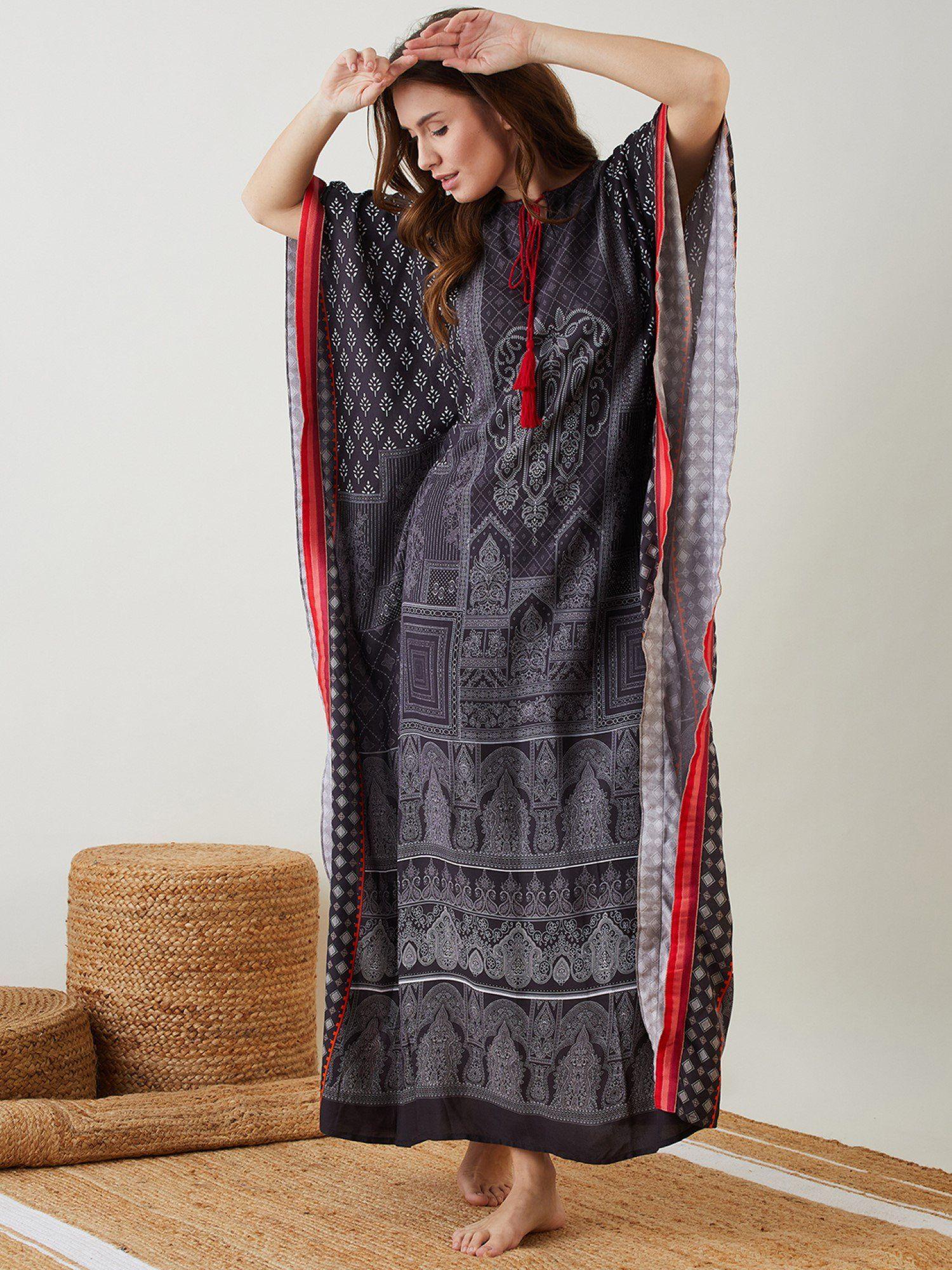 grey & red block printed kaftan