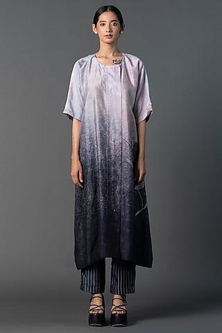 grey & silver dupion silk ombre printed straight kurta set
