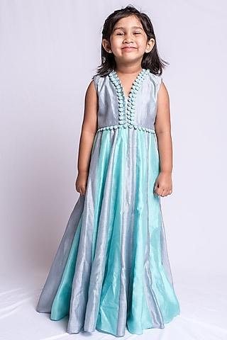 grey & sky blue embroidered anarkali dress for girls