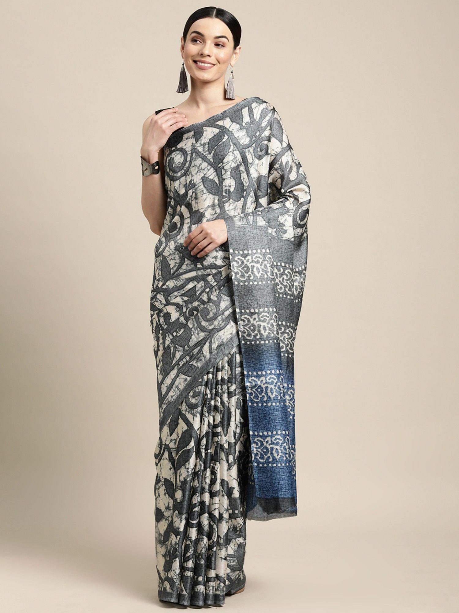 grey & white satin silk printed saree with unstitched blouse with unstitched