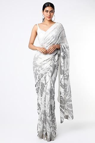 grey & white sequins saree set
