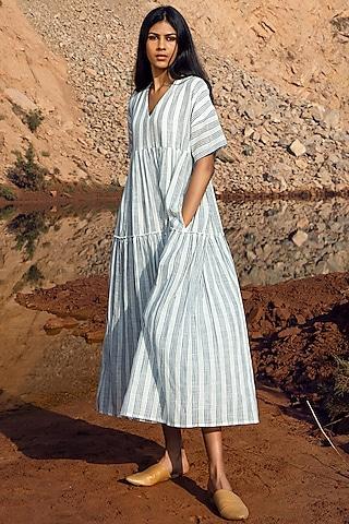 grey & white striped khadi midi dress