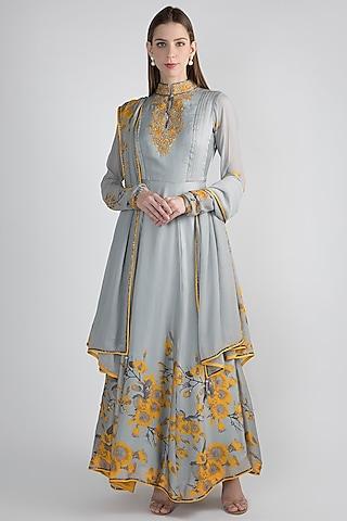 grey & yellow floral printed anarkali set