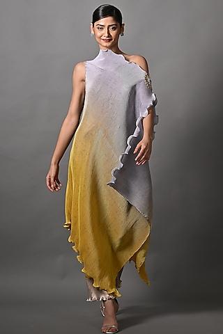 grey & yellow ombre pleated polyester boota embroidered draped tunic
