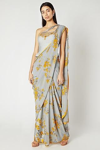 grey & yellow printed embroidered draped saree set