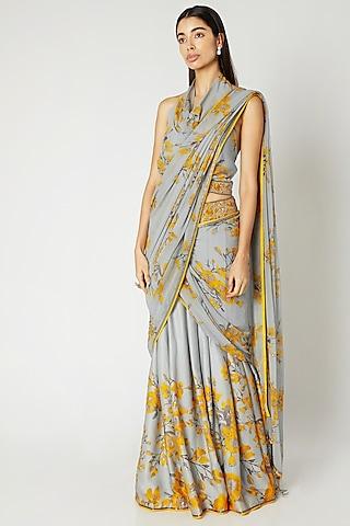 grey & yellow printed embroidered pant saree set