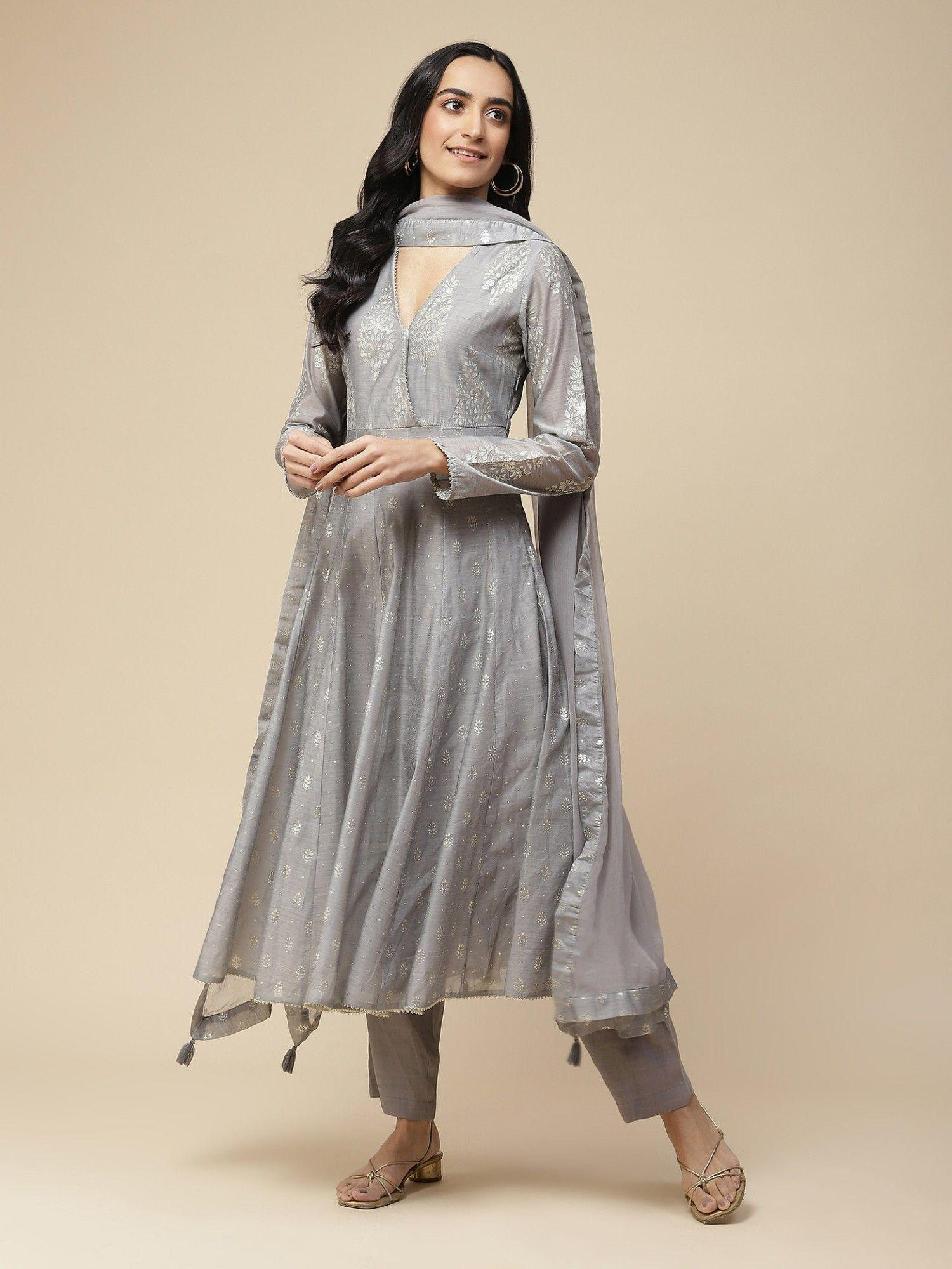 grey a-line kurta with pant & dupatta (set of 3)