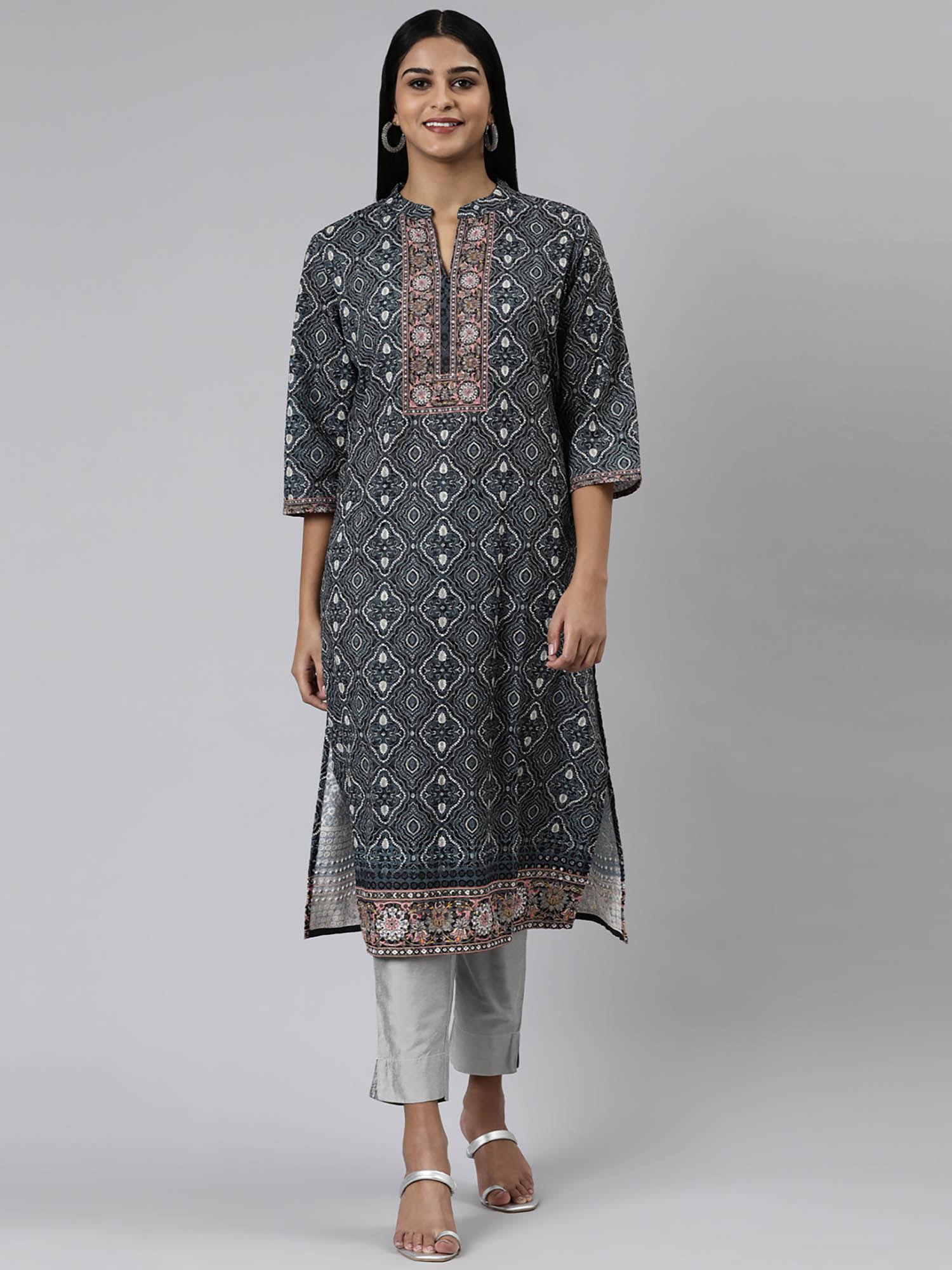 grey abstract cotton mandarin neck kurta