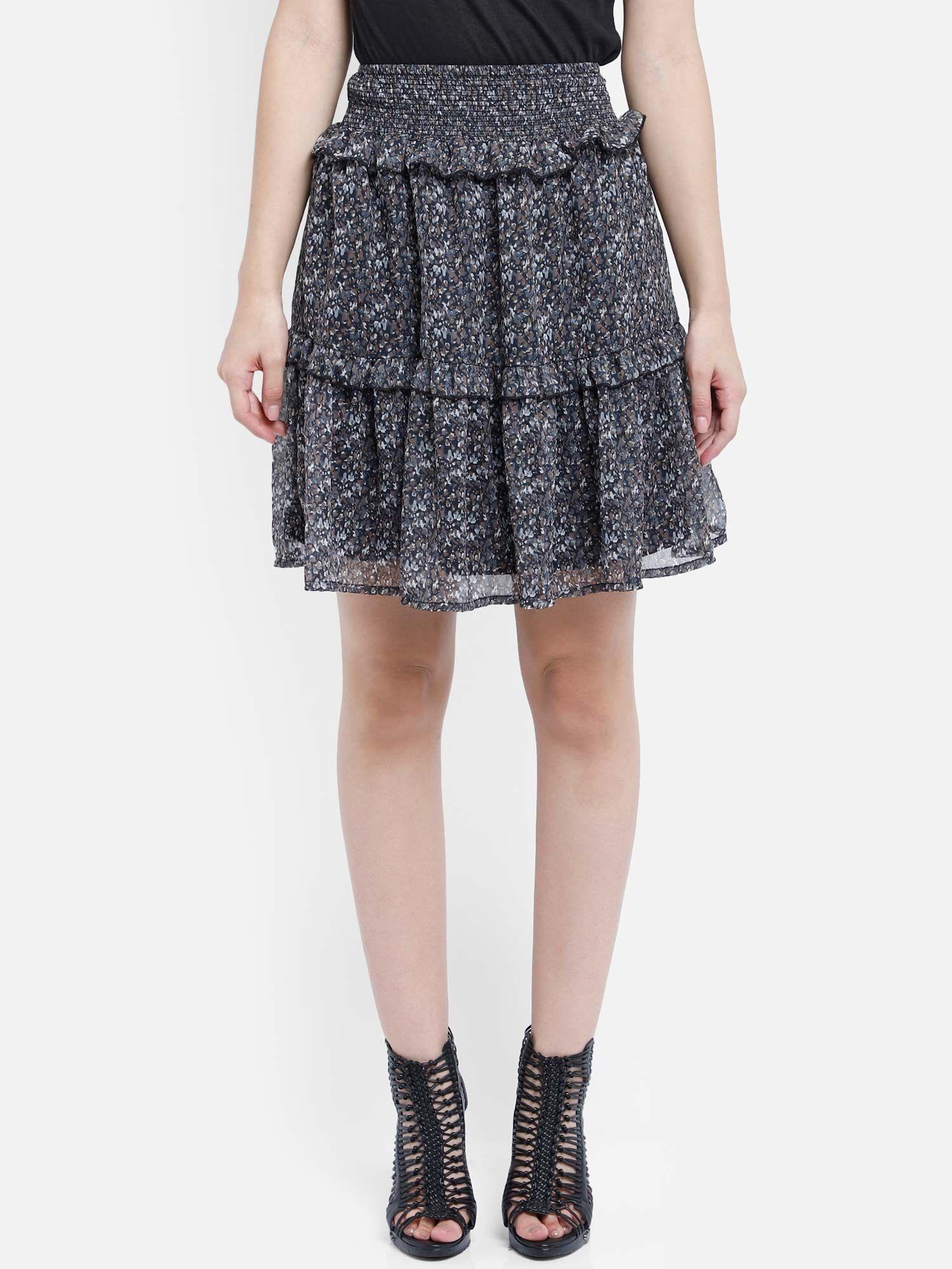 grey abstract print layered ruffle mini skirt with lining