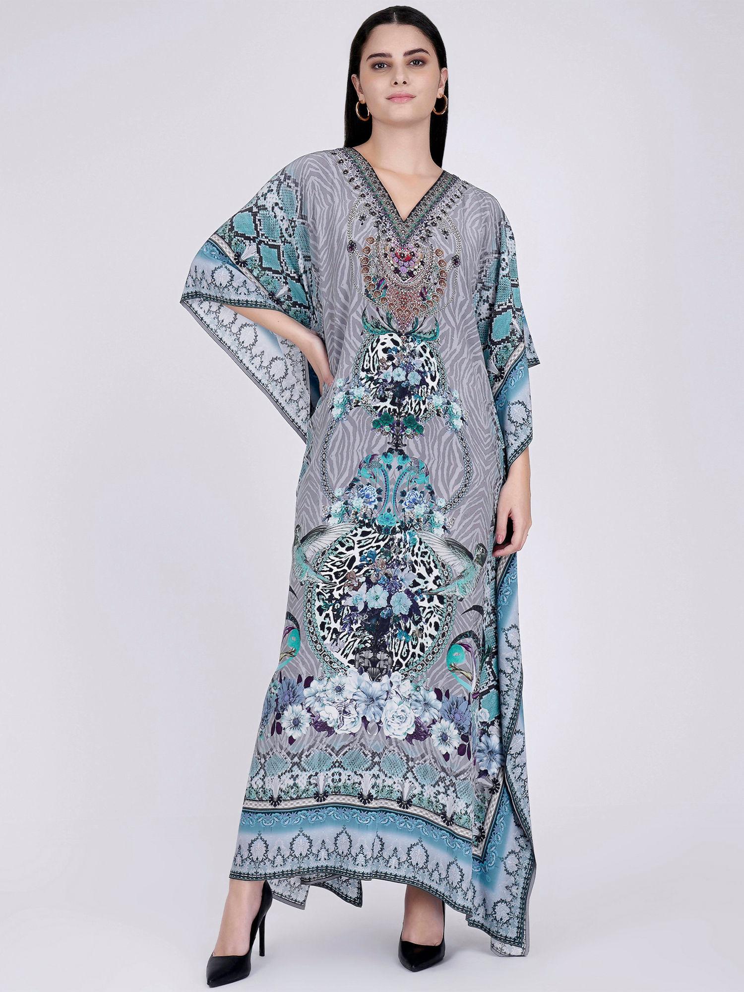 grey and blue embellished silk full length kaftan