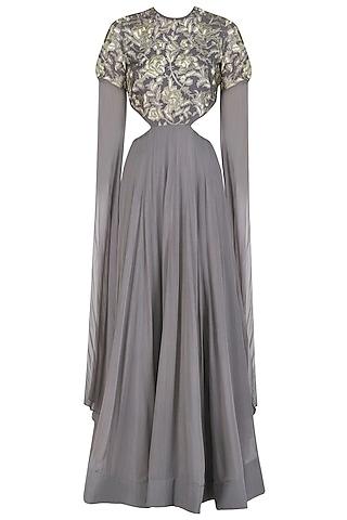 grey and gold floral embroidered cutout anarkali with cape sleeves