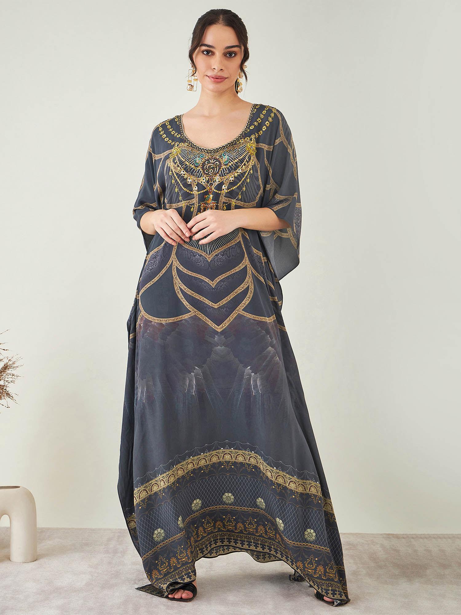 grey and gold tribal print embellished silk full length kaftan