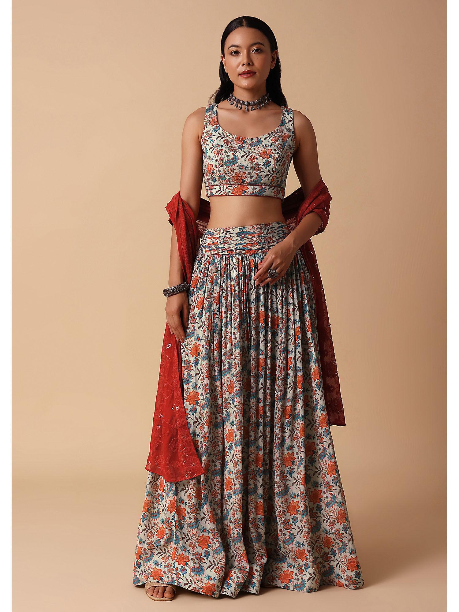 grey and red floral lehenga with embroidered choli and dupatta (set of 3)
