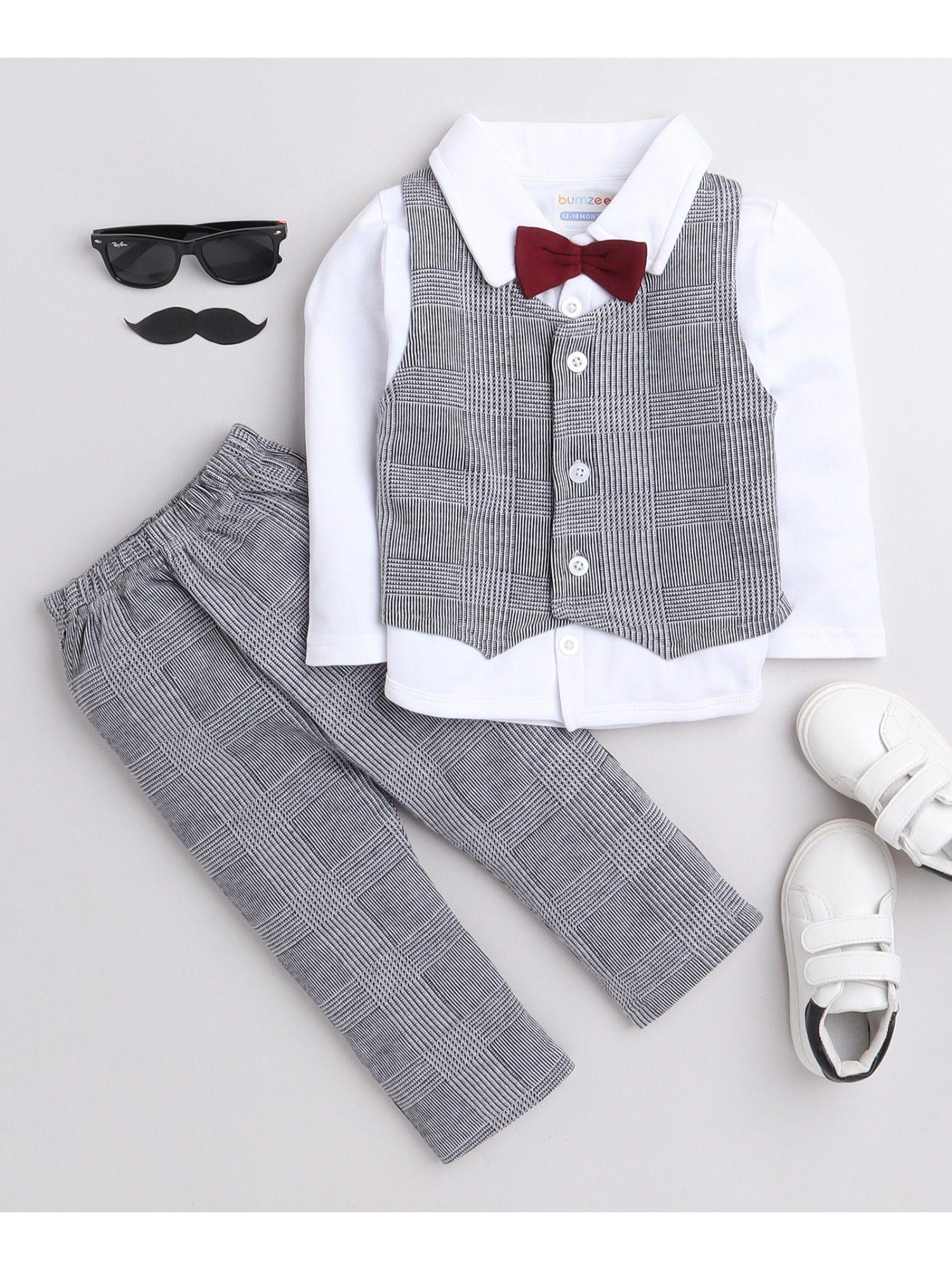 grey and white boys shirt waistcoat and pant with applique bow (set of 4)