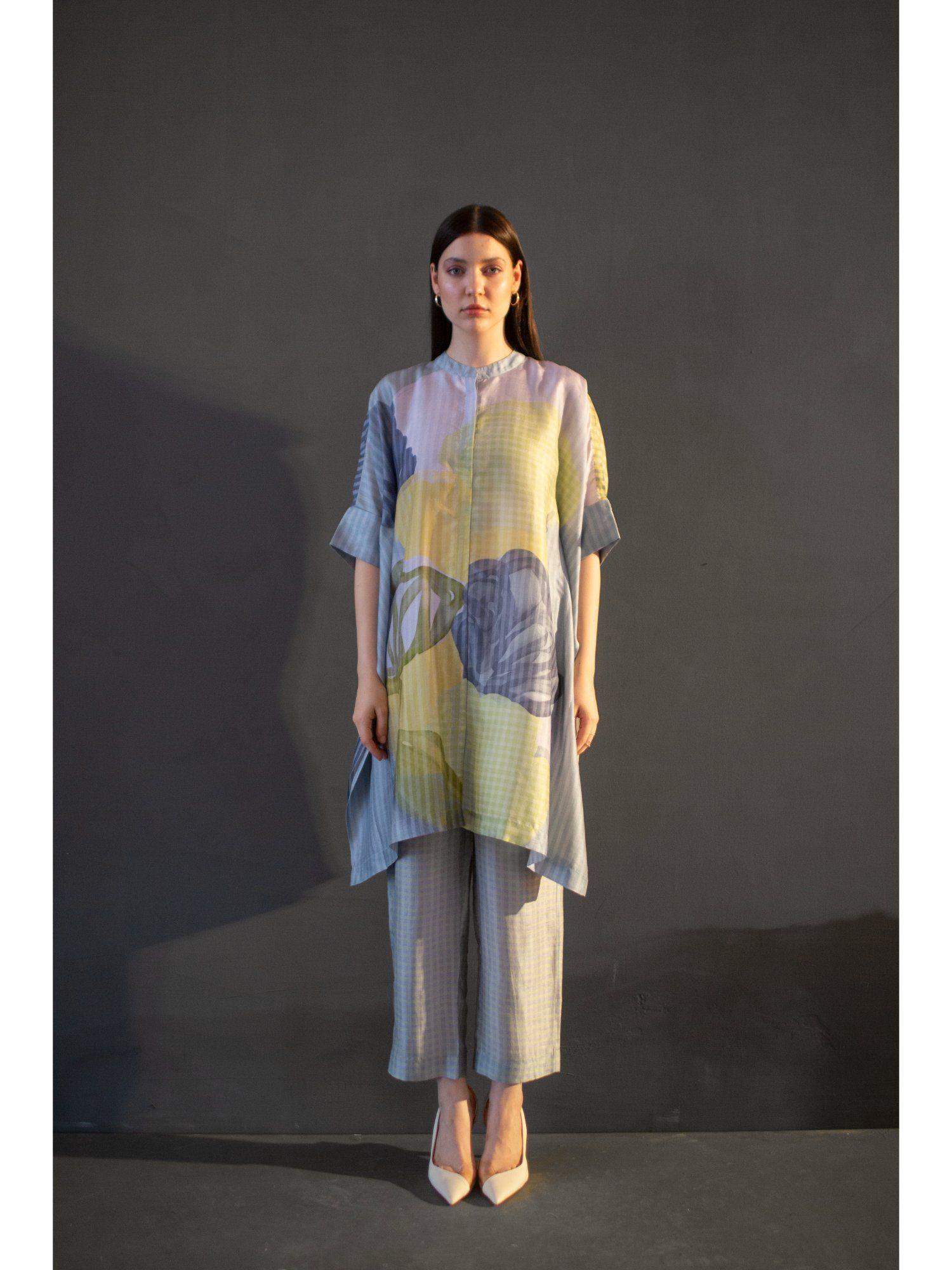 grey and yellow asymmetric kaftan with pant (set of 2)