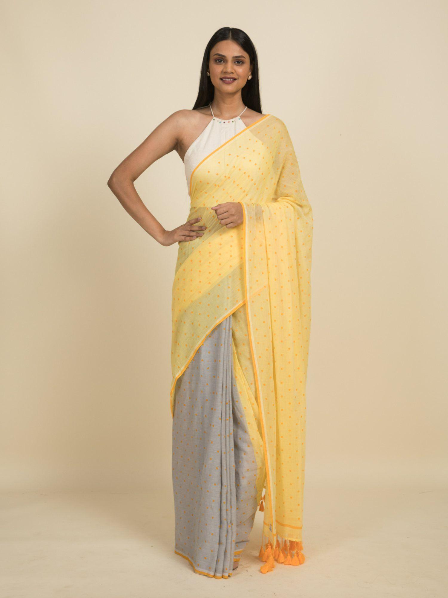 grey and yellow polka doted cotton saree