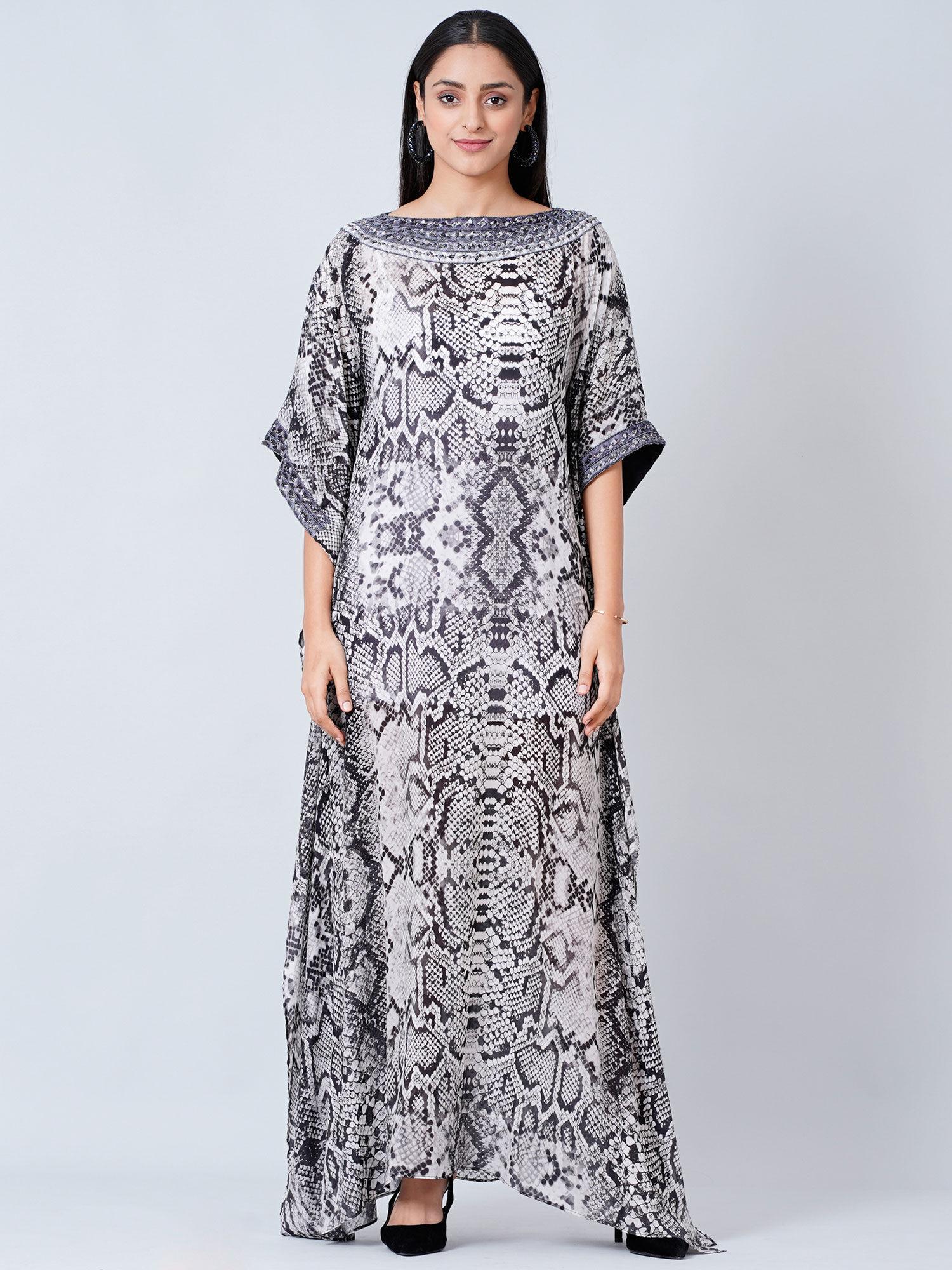 grey animal print embroidered full length kaftan