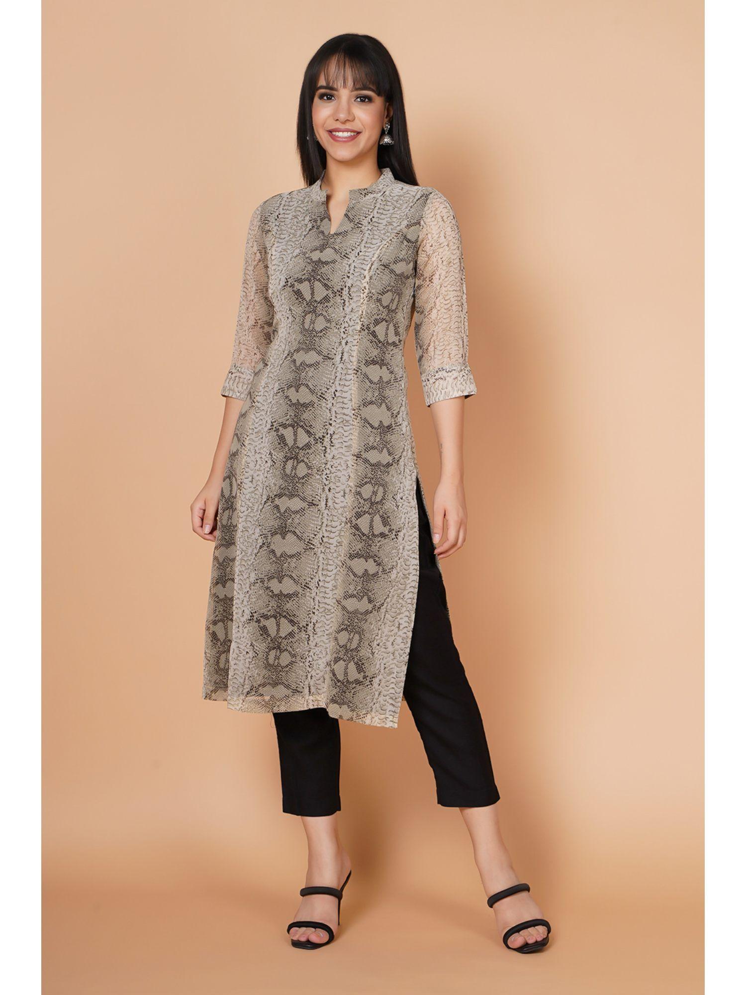 grey animal-printed straight-fit kurta