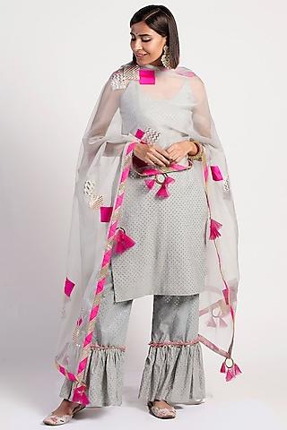 grey applique embroidered kurta set