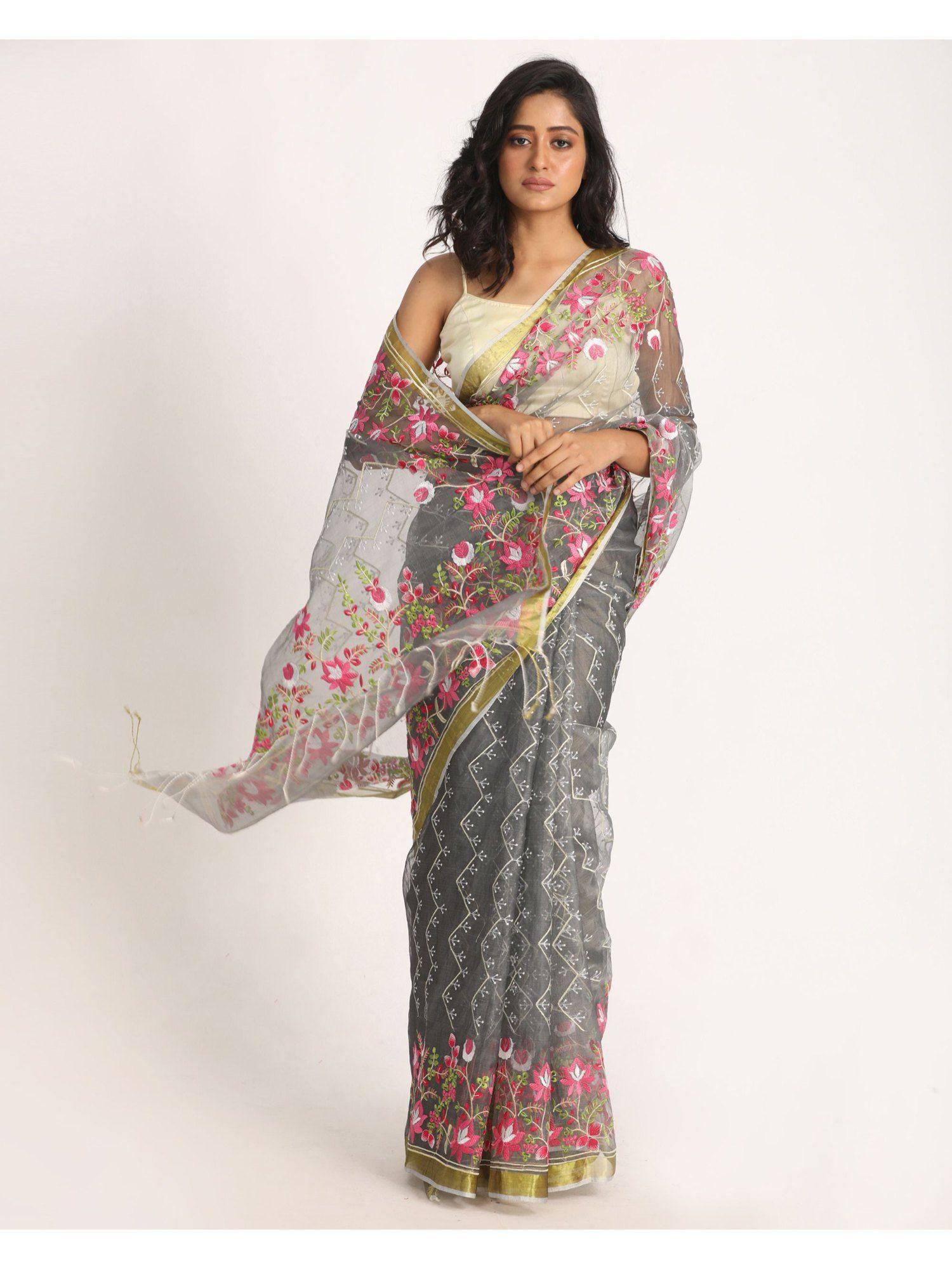 grey art silk muslin embroidery saree with unstitched blouse