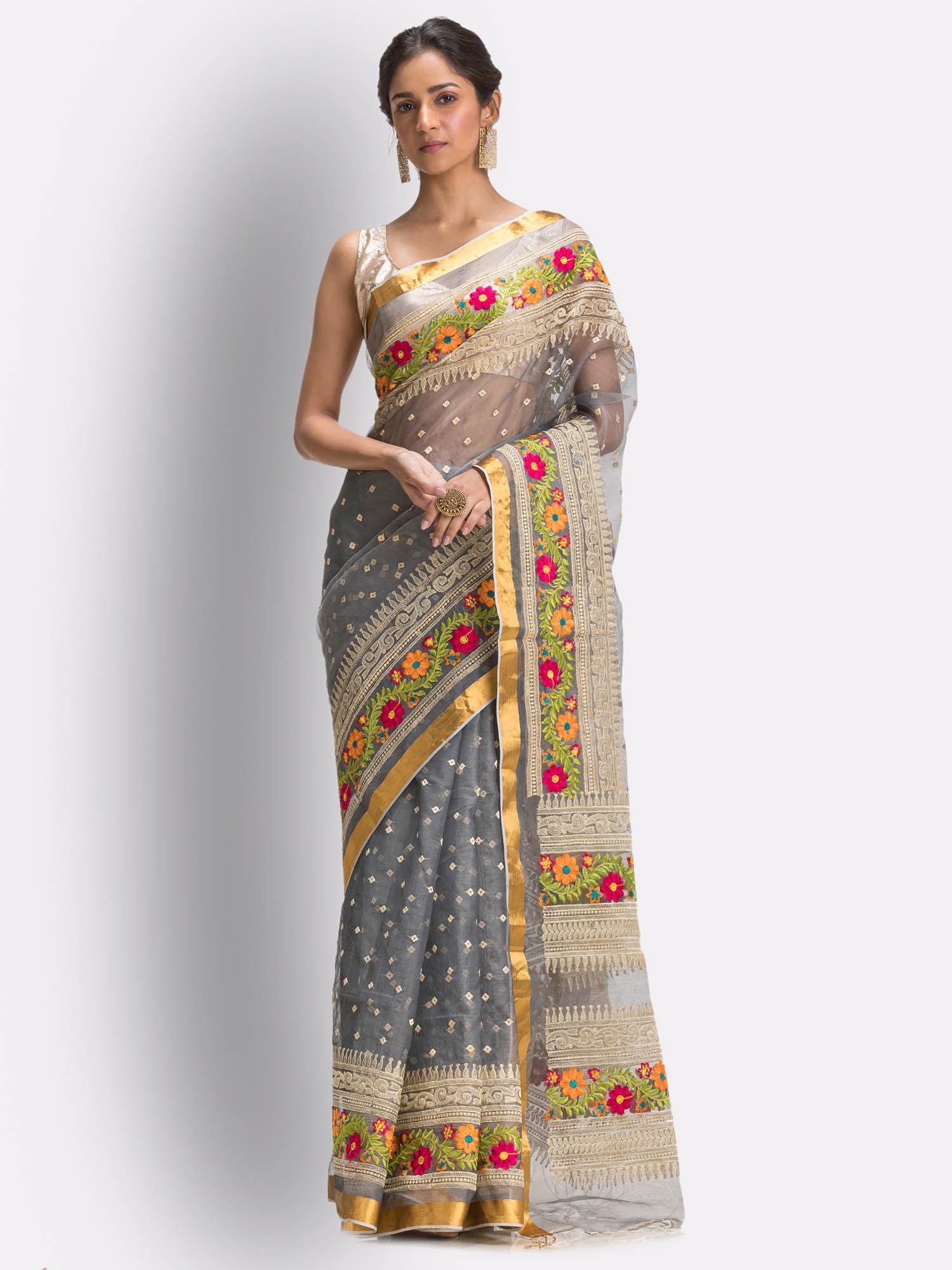 grey art silk muslin handloom embroidery saree with unstitched blouse