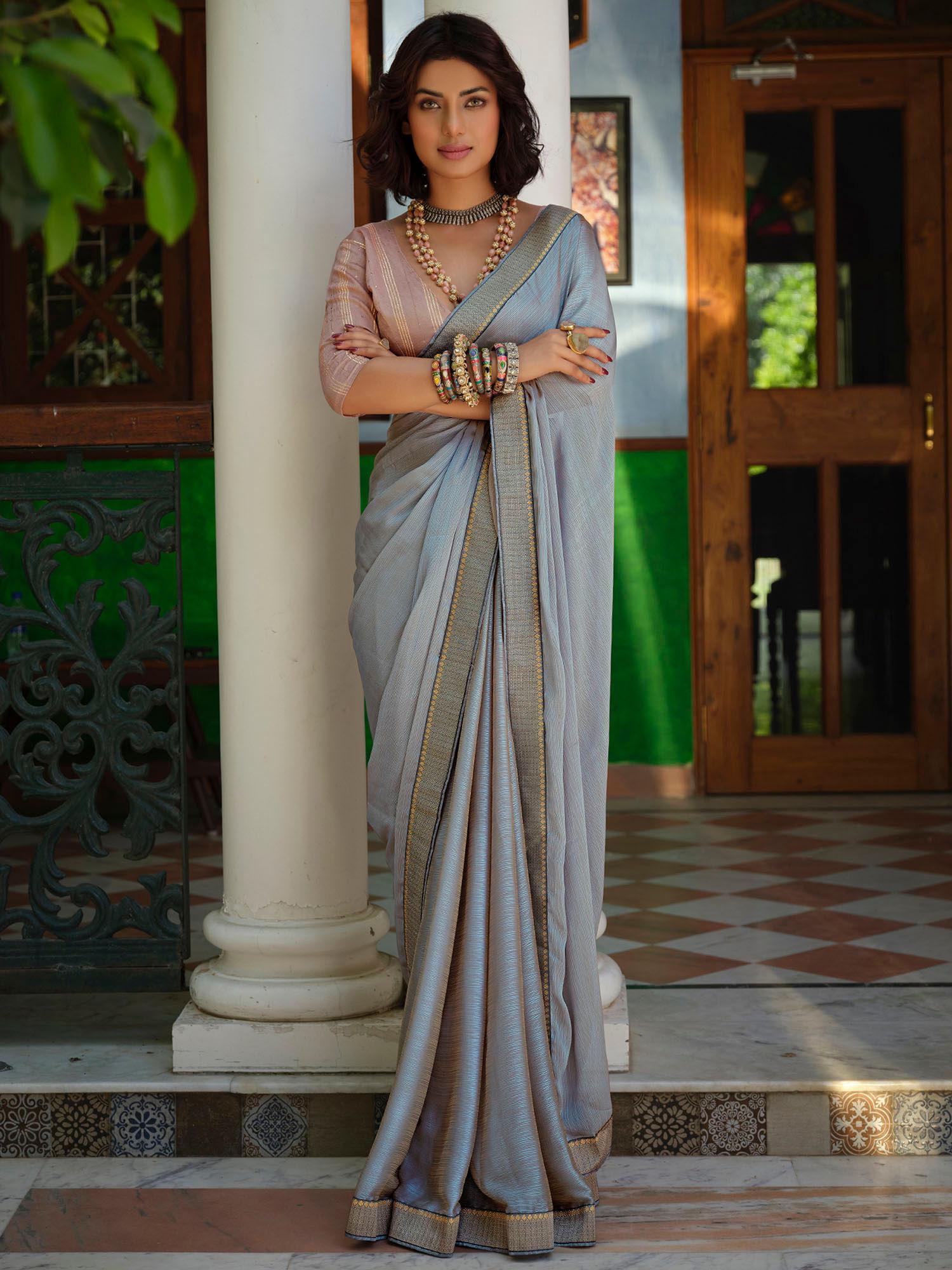 grey art silk woven saree with unstitched blouse