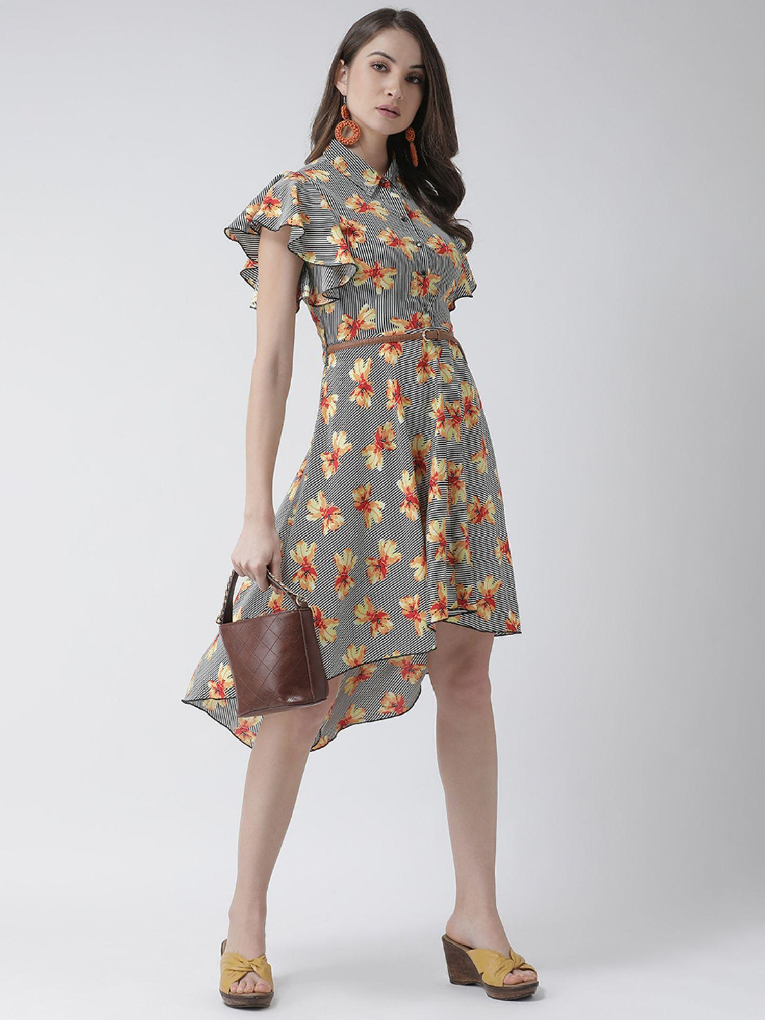 grey asymmetric floral dress with belt (set of 2)