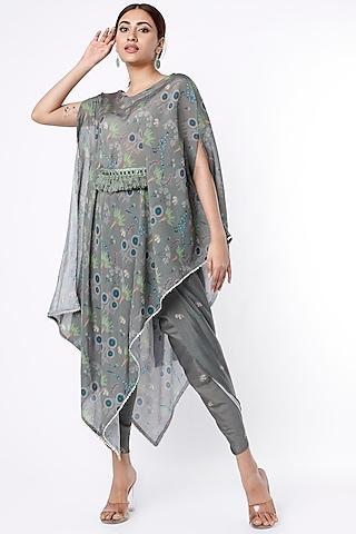 grey asymmetrical embroidered kurta set