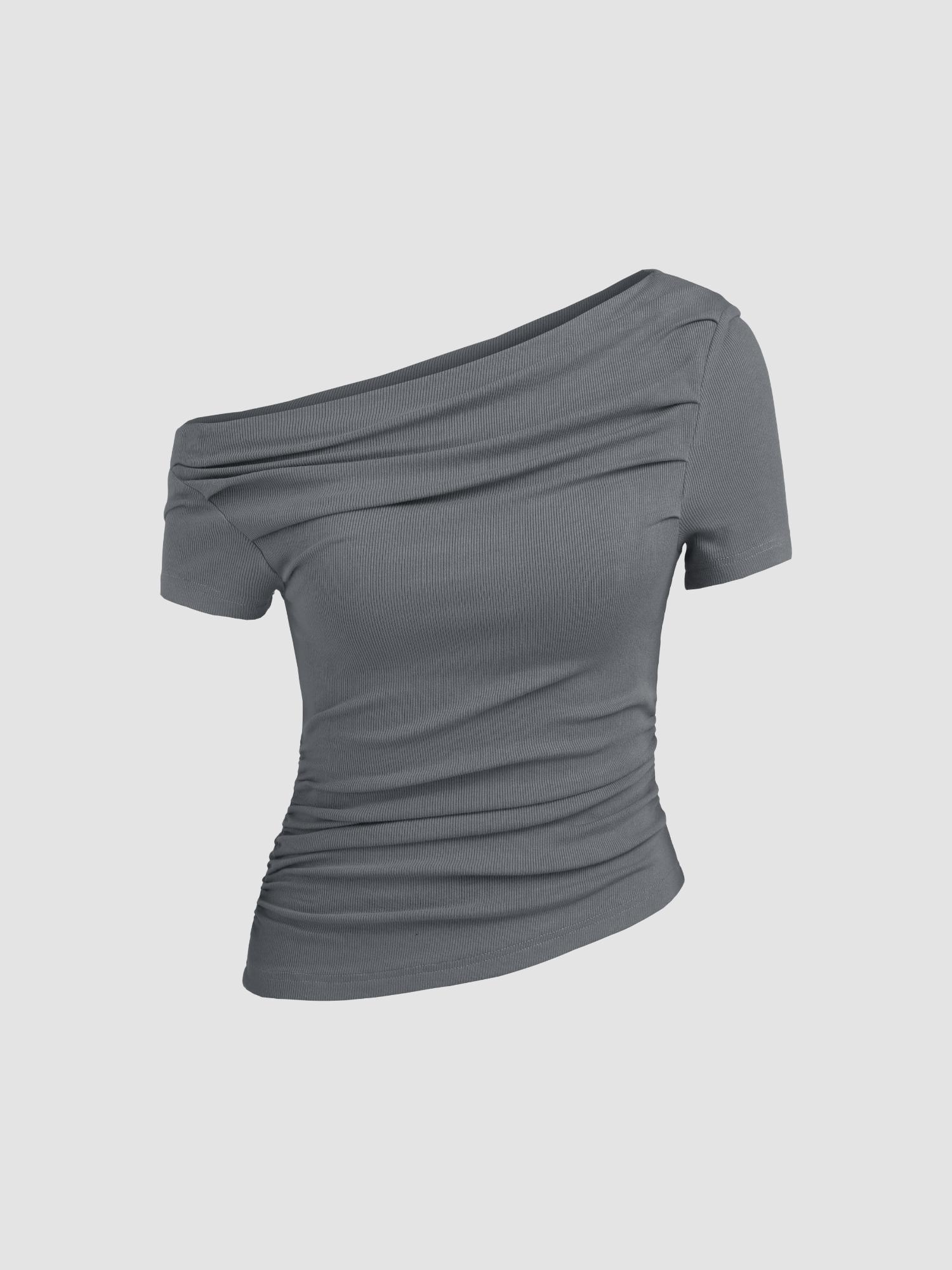 grey asymmetrical neck ruched short sleeve top