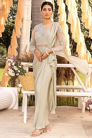 grey bamberg satin & soft net embroidered draped gown saree