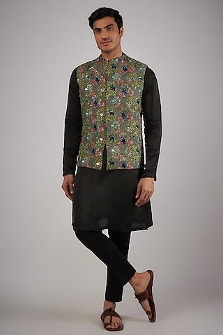 grey banarasi printed & cutdana embroidered bundi jacket