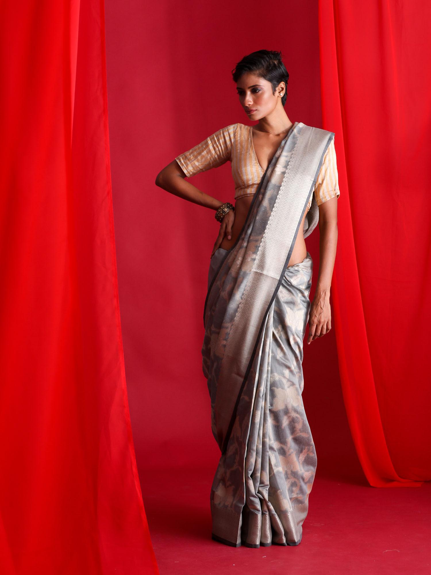 grey banarasi saree with unstitched blouse