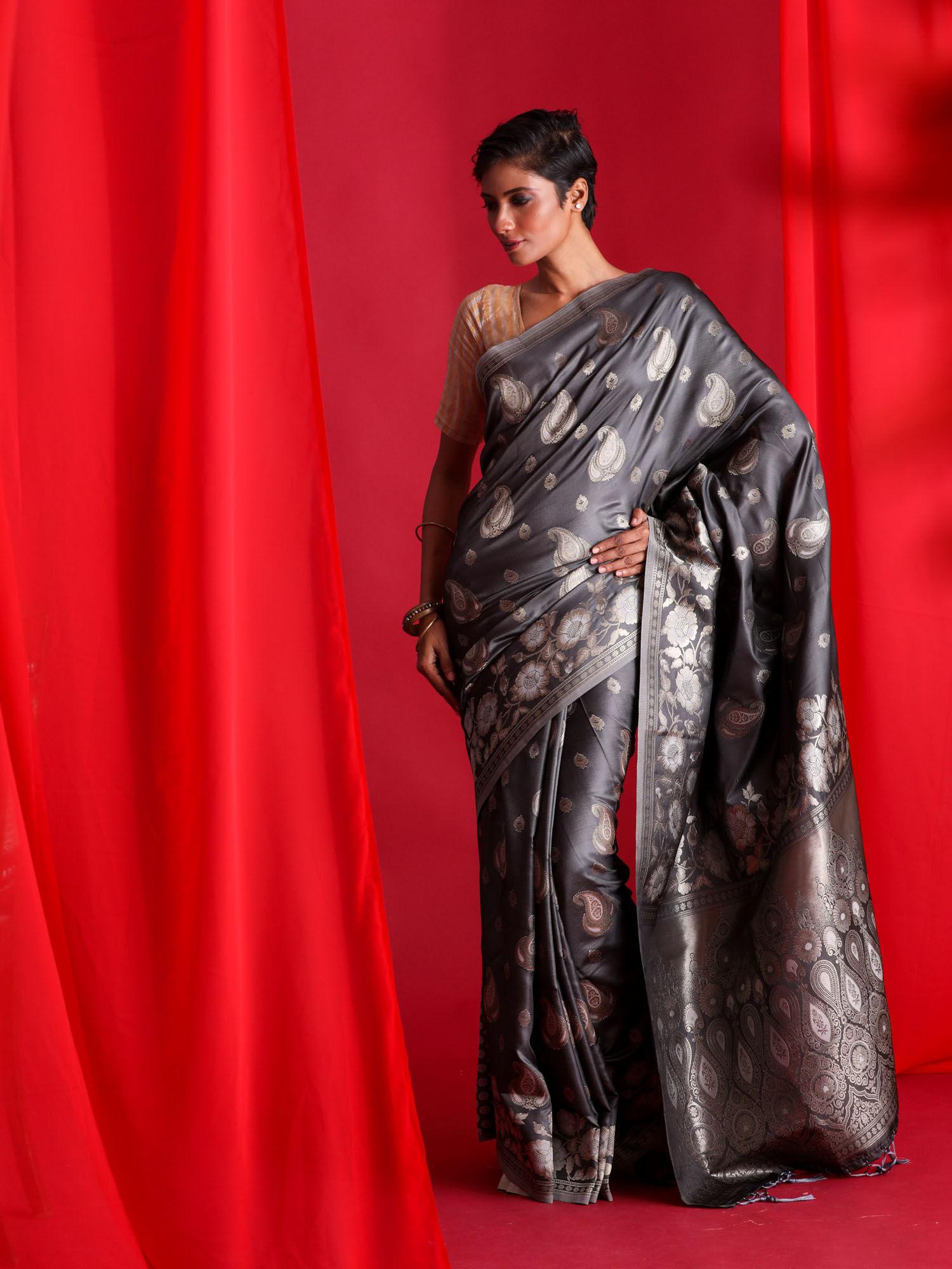 grey banarasi saree with unstitched blouse