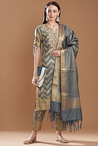 grey banarasi silk embroidered kurta set